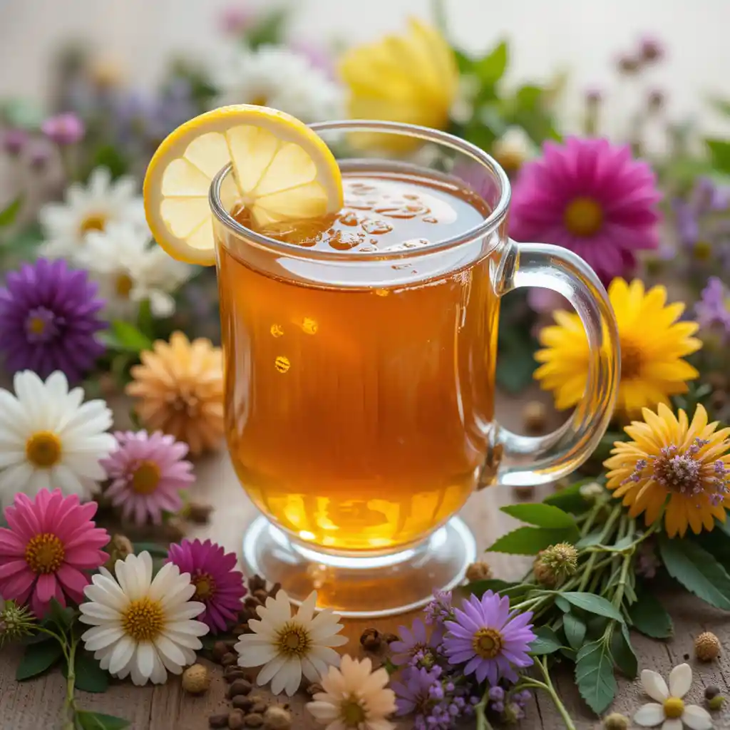 Warm glass mug of lemon tea with flowers and herbs