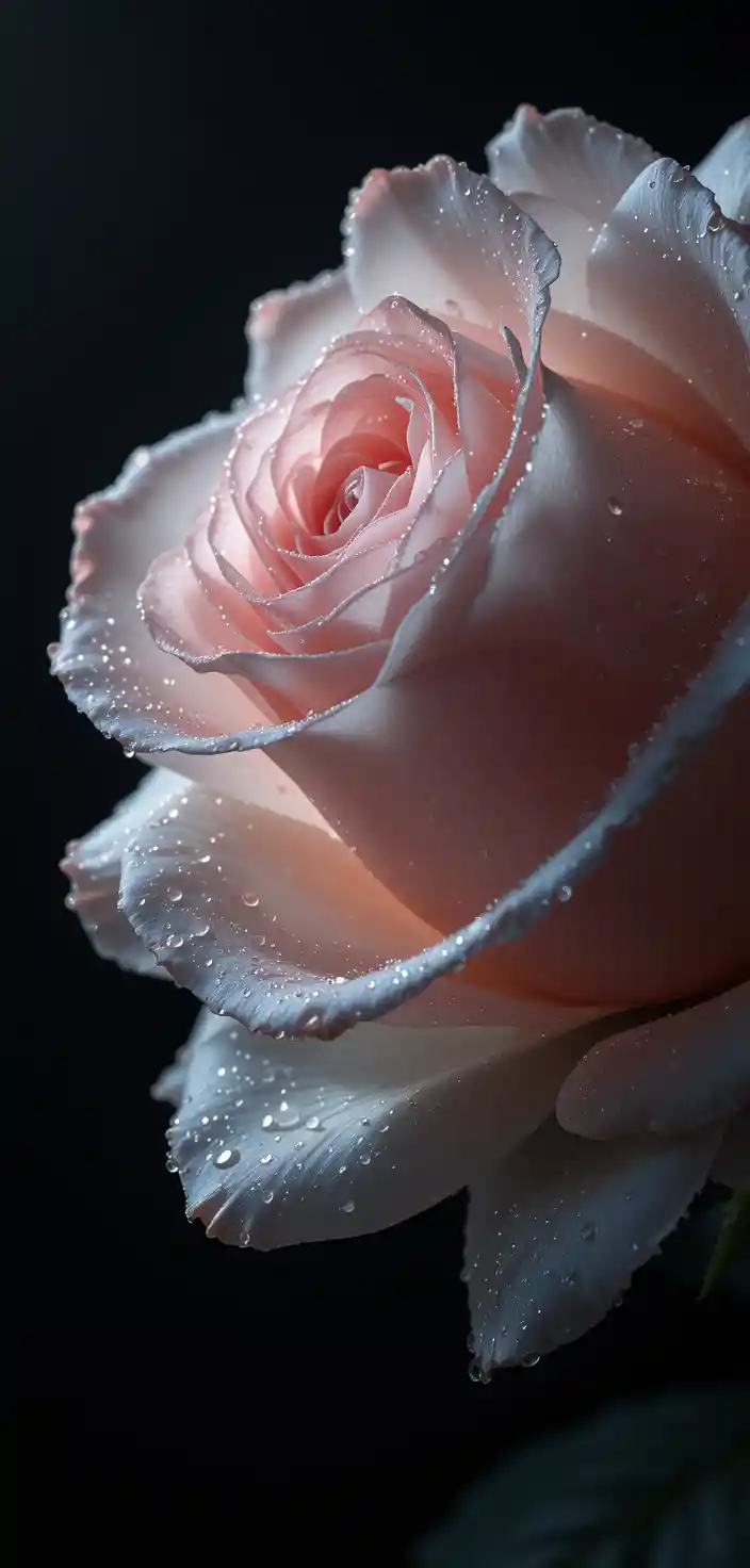 Close up rose with dewdrops in dramatic side light