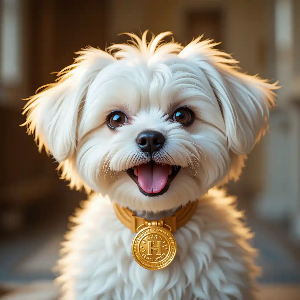 Joyful maltese dog with a shiny gold medal