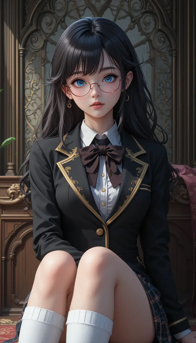 Anime-Mädchen-Porträt mit barocker Schuluniform und Brille