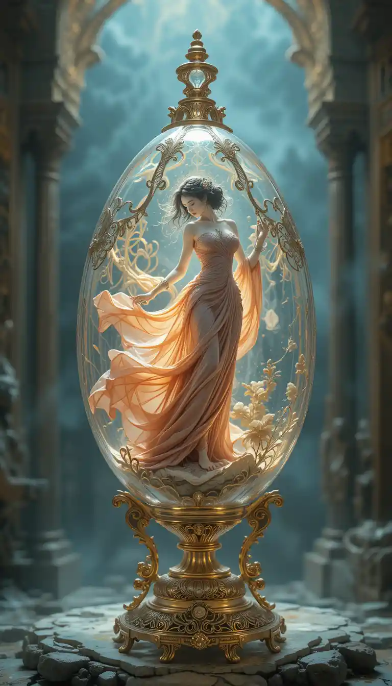 Ethereal genie inside ornate crystal magic lamp