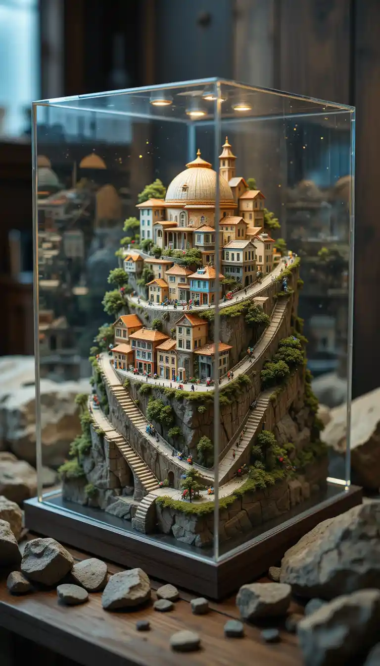 Miniatur-Stadt-Diorama in einem transparenten Display-Würfel