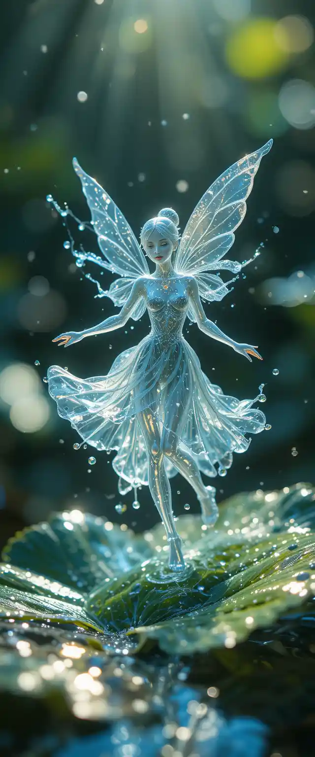 Macro fairy hologram dancing inside a sunlit water drop