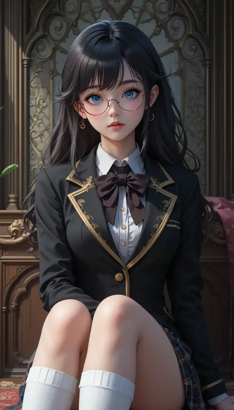Anime girl portrait with baroque school uniform and glasses