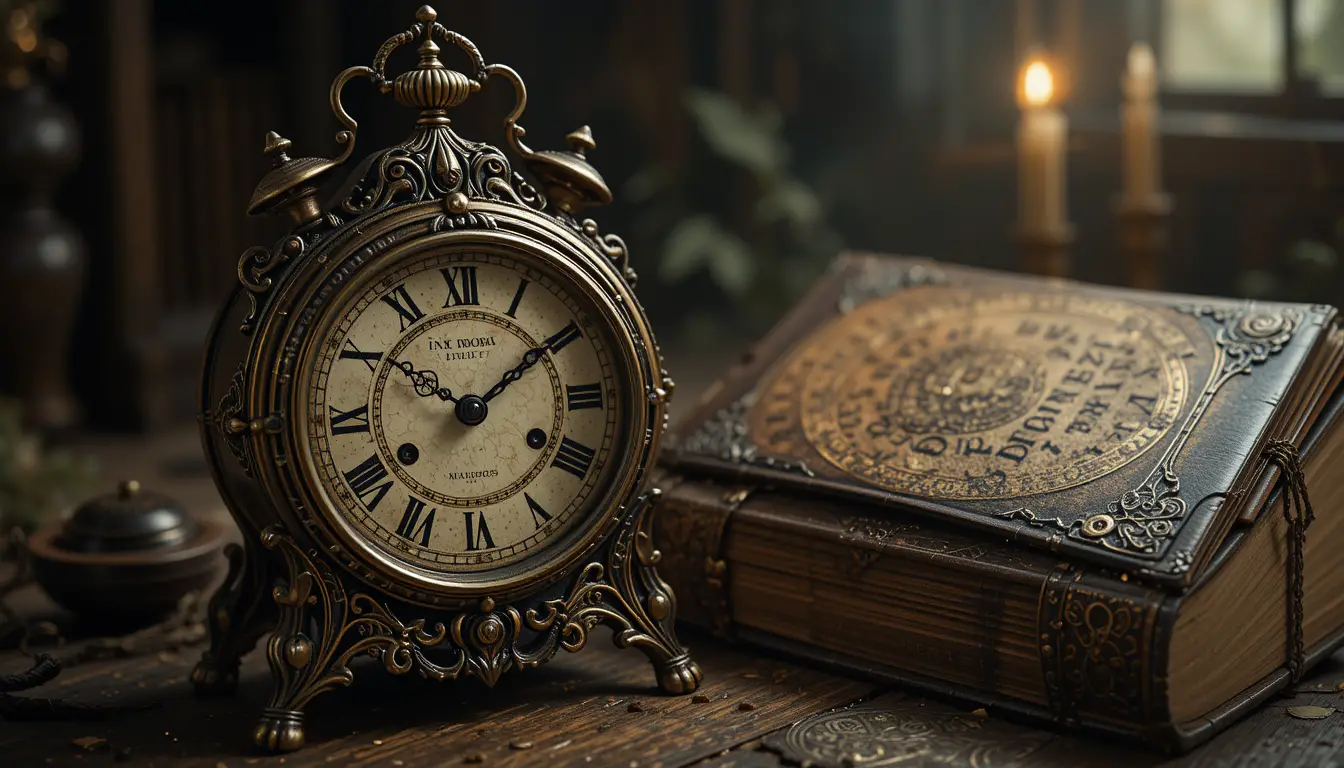 Antique clock and magic book in mystical glowing still life