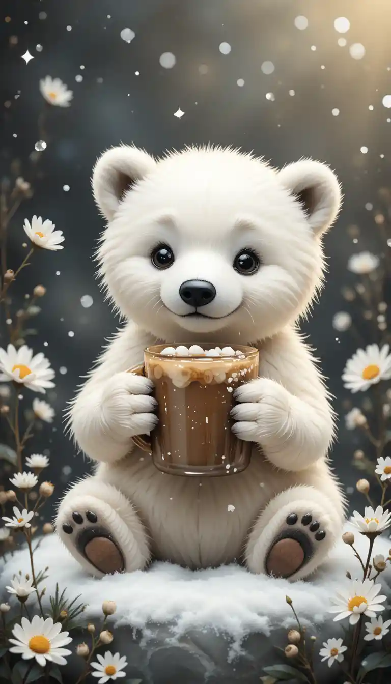 Cute polar bear cub holding a big coffee cup