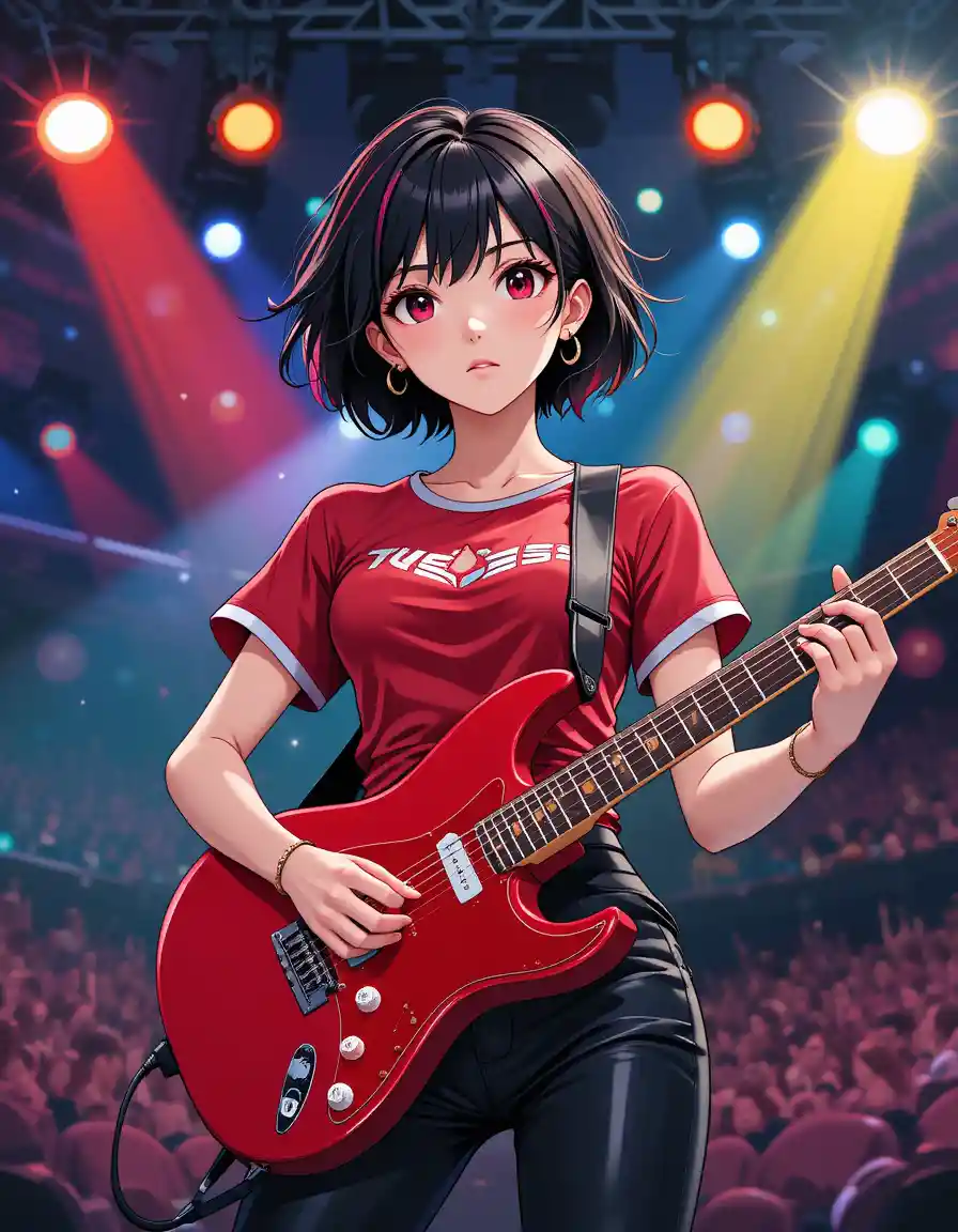 Anime guitarist girl performing on stage with colorful lights