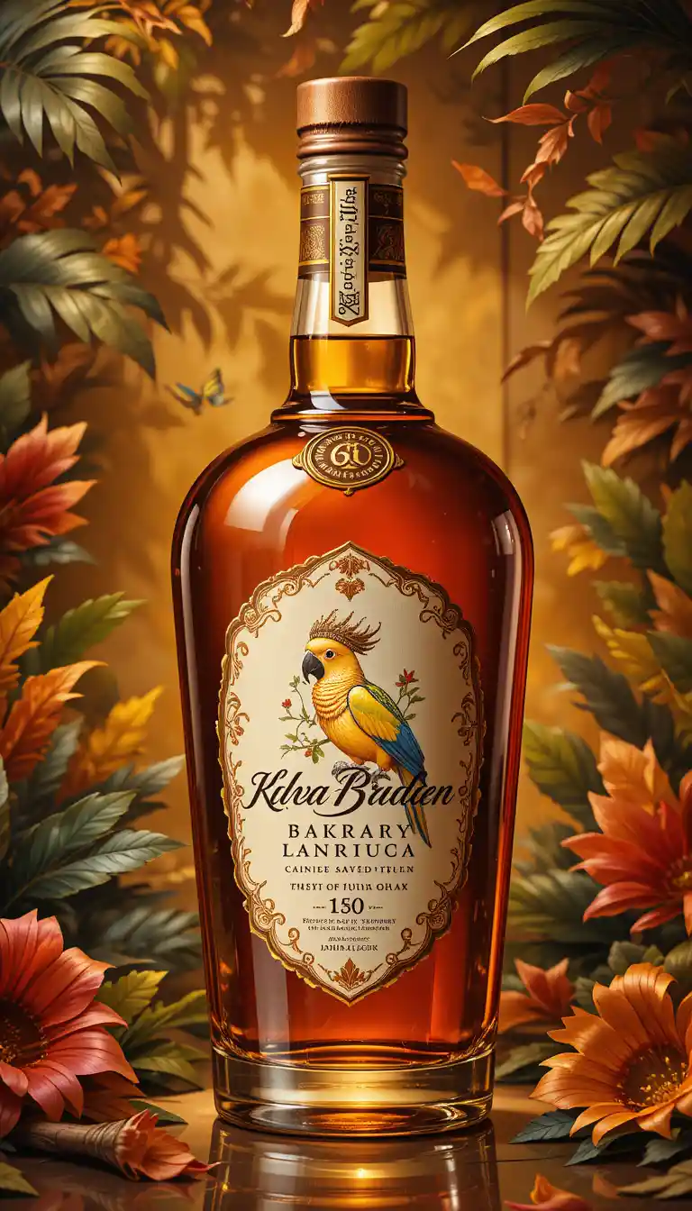 Elegant rum bottle with golden parrot label illustration
