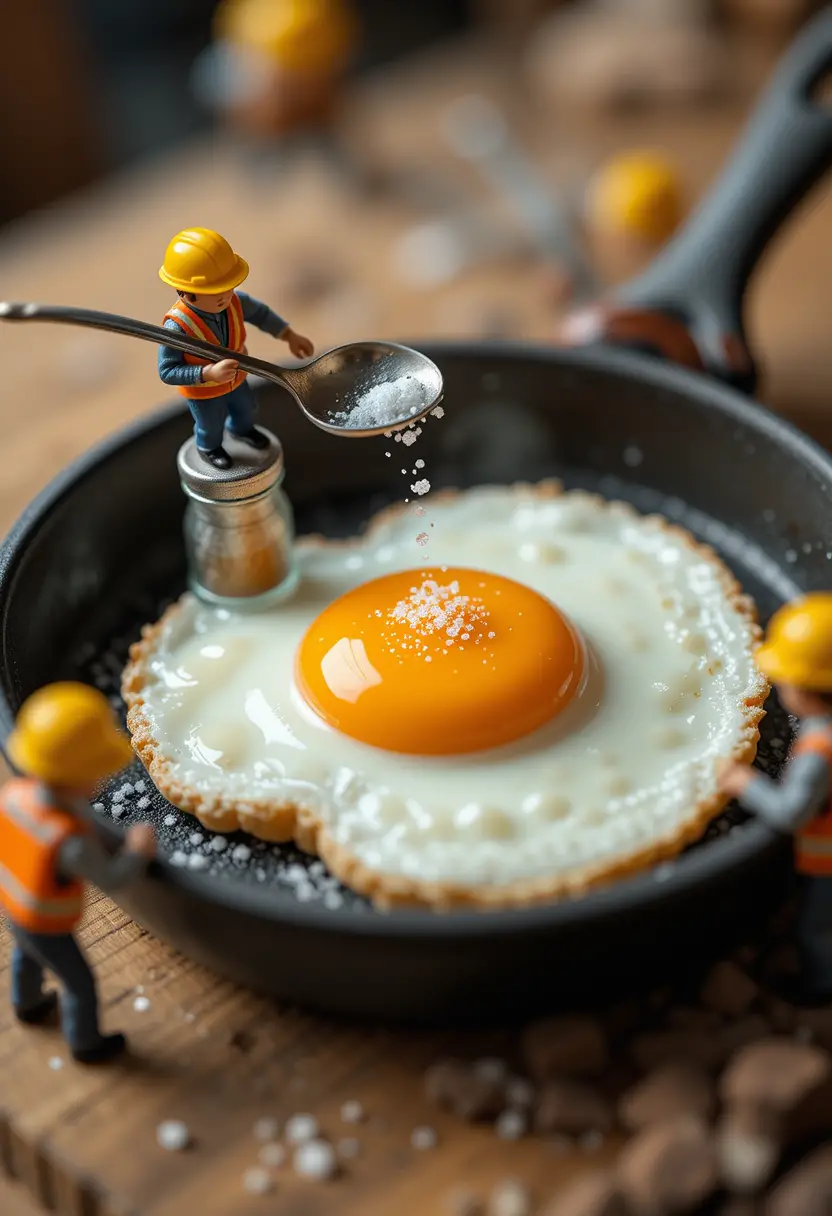 Miniature workers cooking a sunny side up egg