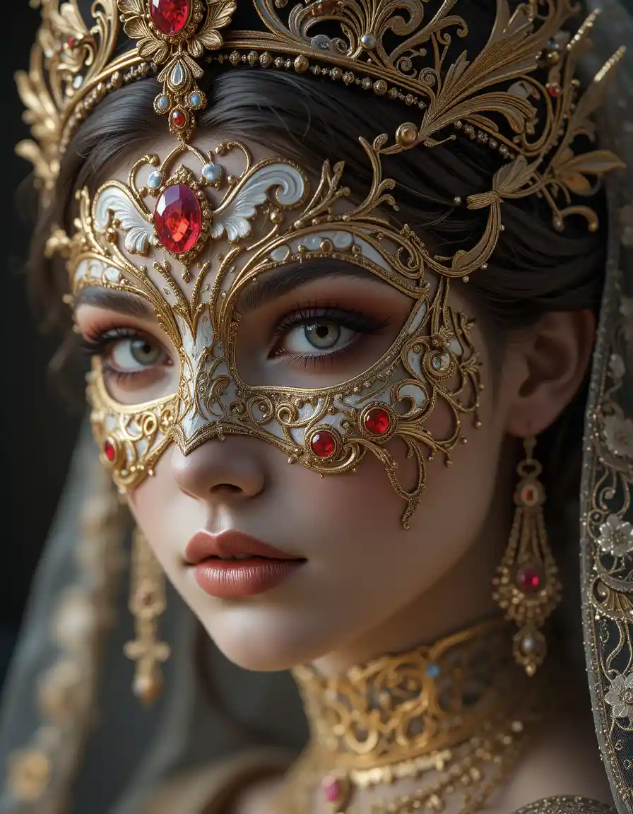 Young woman with ornate venetian mask and jeweled tiara