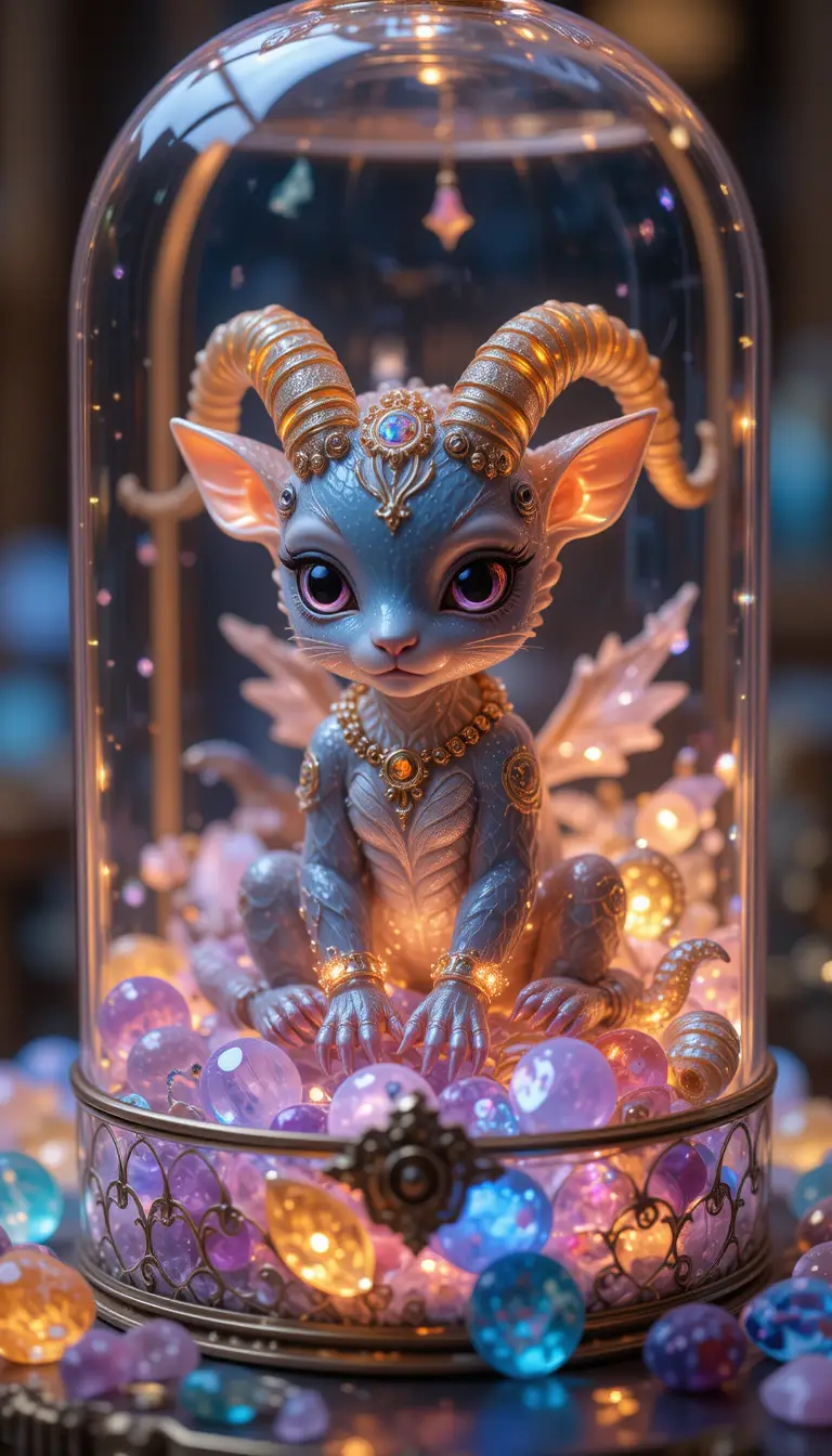 Miniature baby chimera in a glowing glass jewelry box