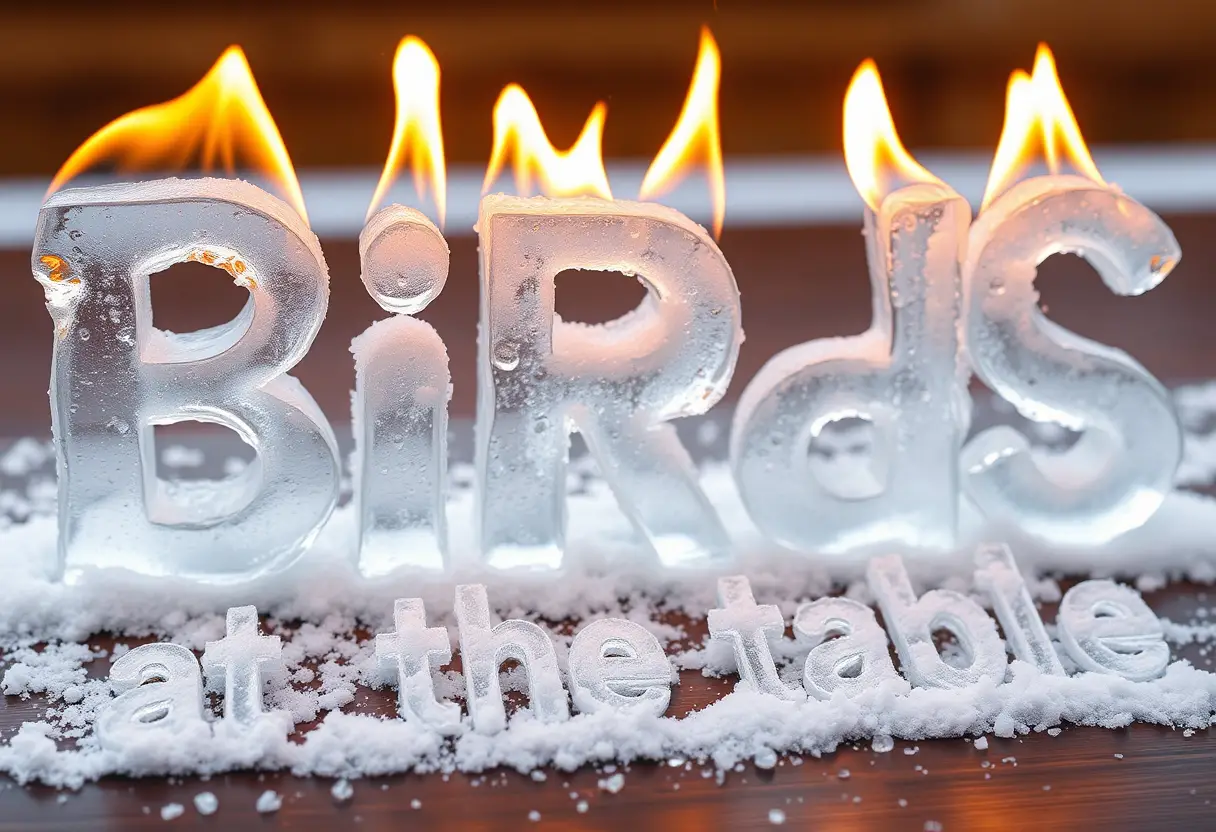 Burning icy text phrase birds at the table