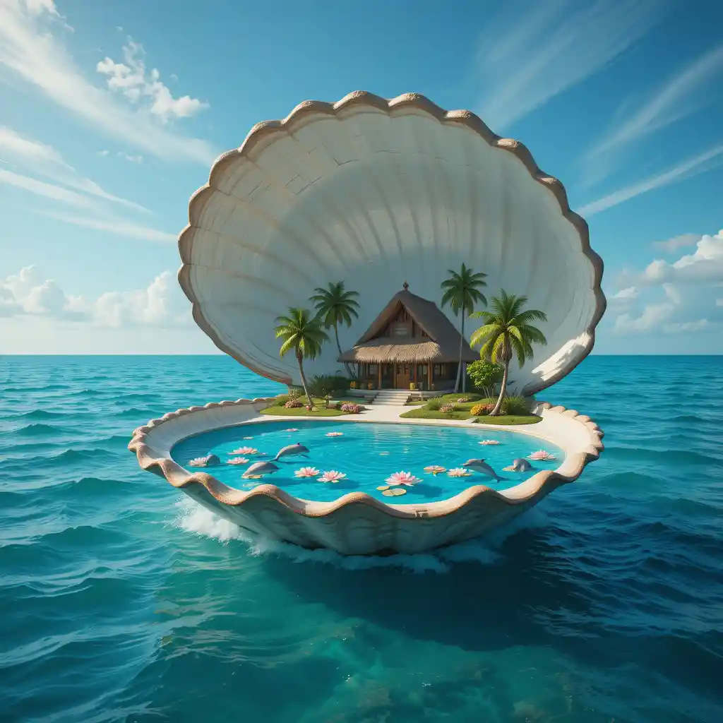 Floating Seashell Sanctuary Above A Calm Turquoise Ocean