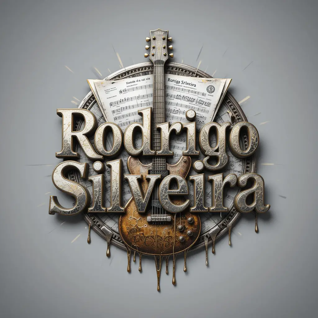 Metallic 3D guitar logo with music and gold text