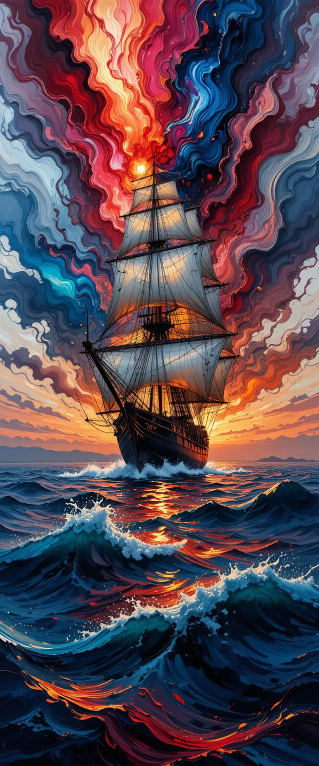 Expressive night seascape with sailing ship and red sunset