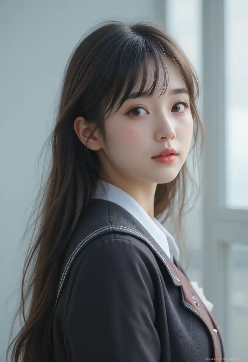 Serene Korean schoolgirl portrait with long hair and bangs