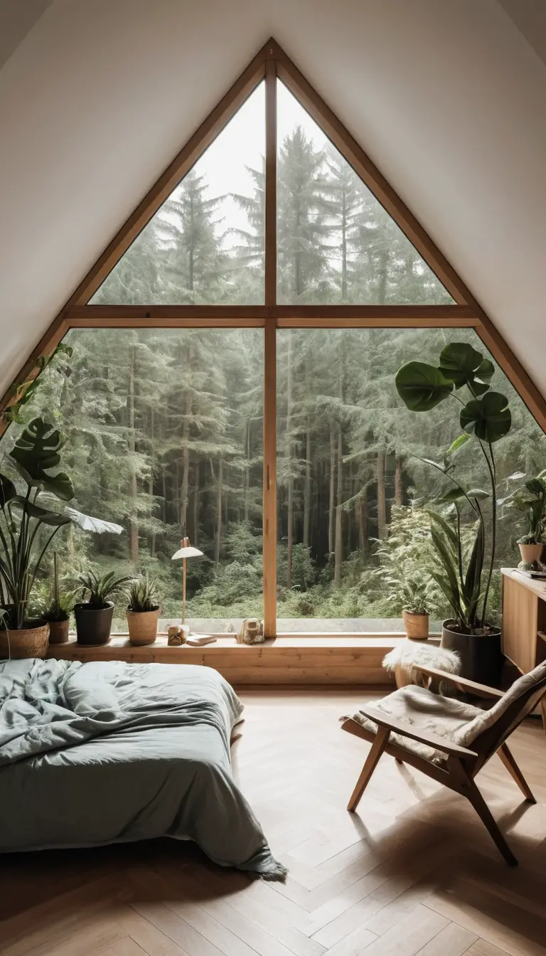 Cozy bedroom with triangle window and forest view