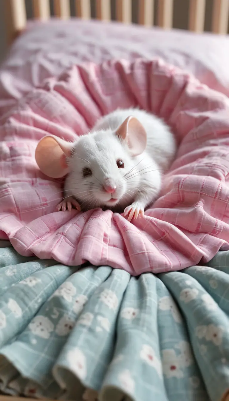 Cute white mouse sleeping in a tiny cozy wooden bed