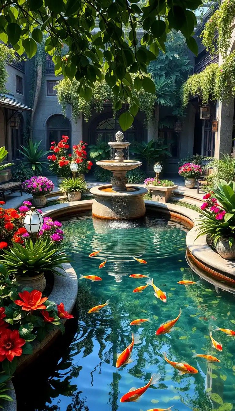 Tranquil garden with fountain and serene reflective lake