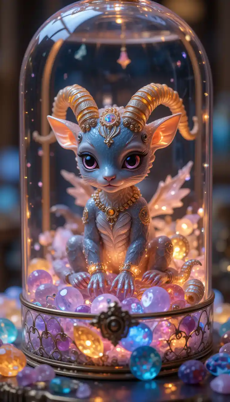 Miniature baby chimera in a glowing glass jewelry box