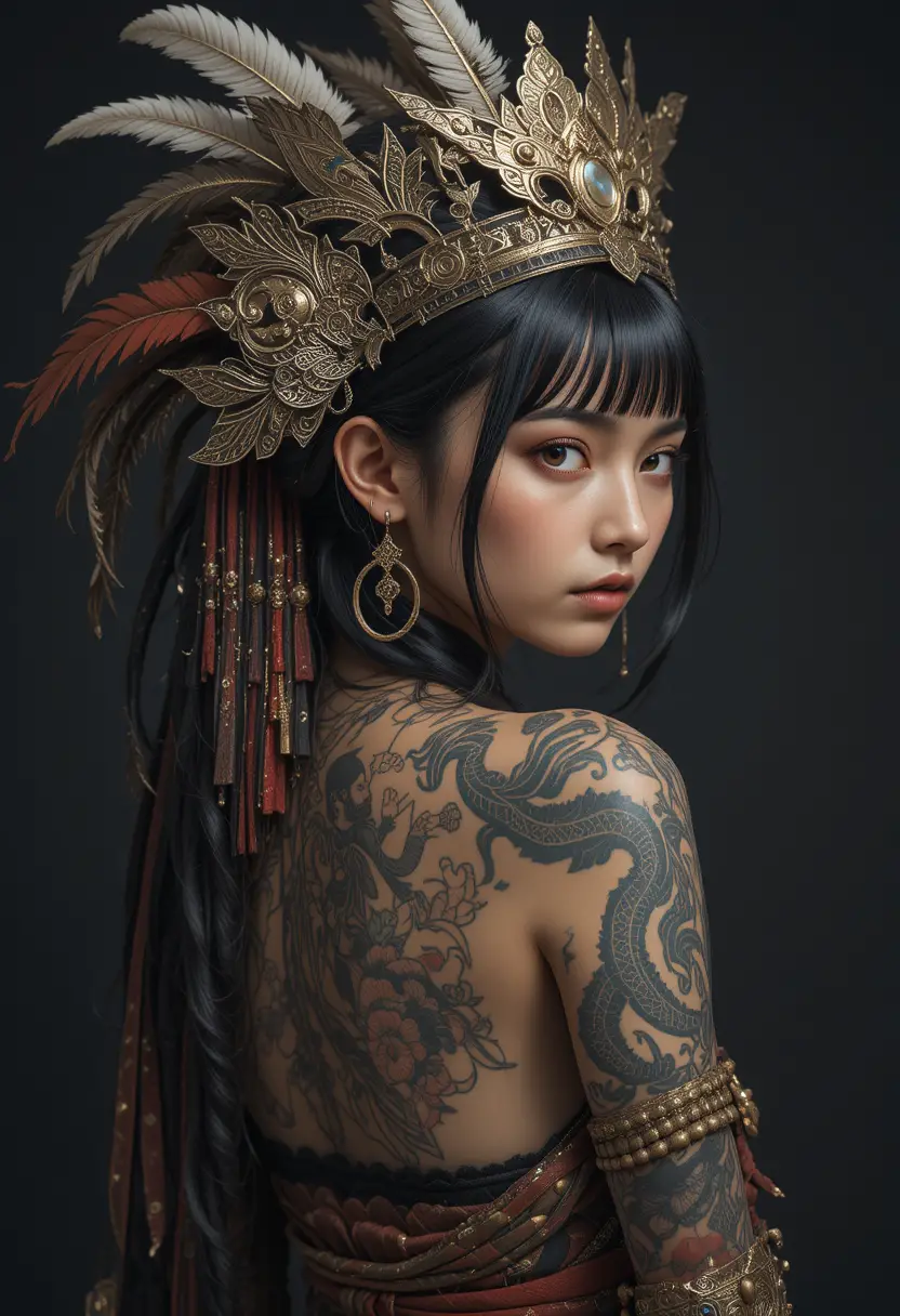 Sciamana tatuata con piume e capelli neri