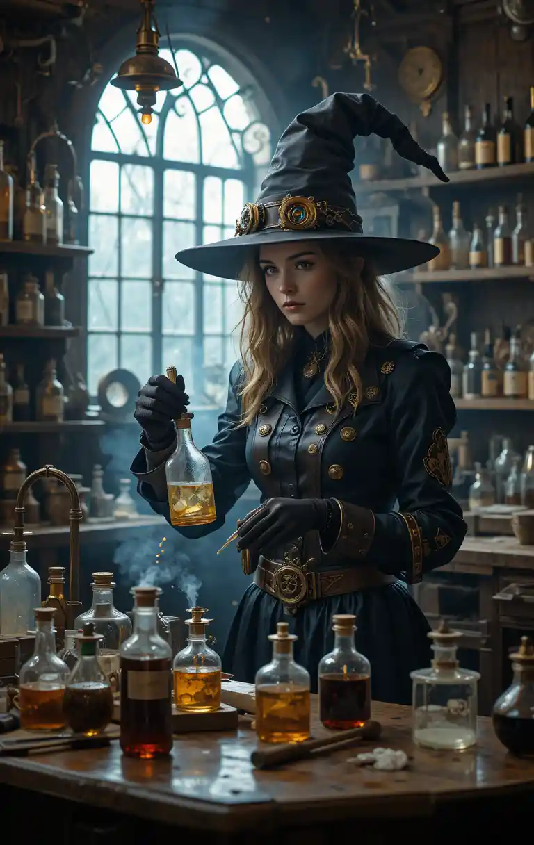 Steampunk witch preparing elixirs in a fantasy workshop