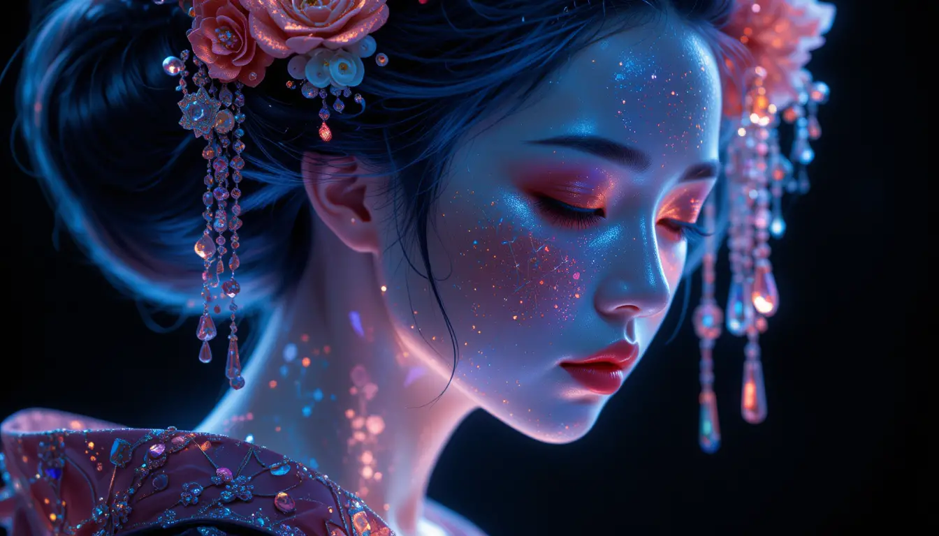 Glowing geisha profile crying in the dark