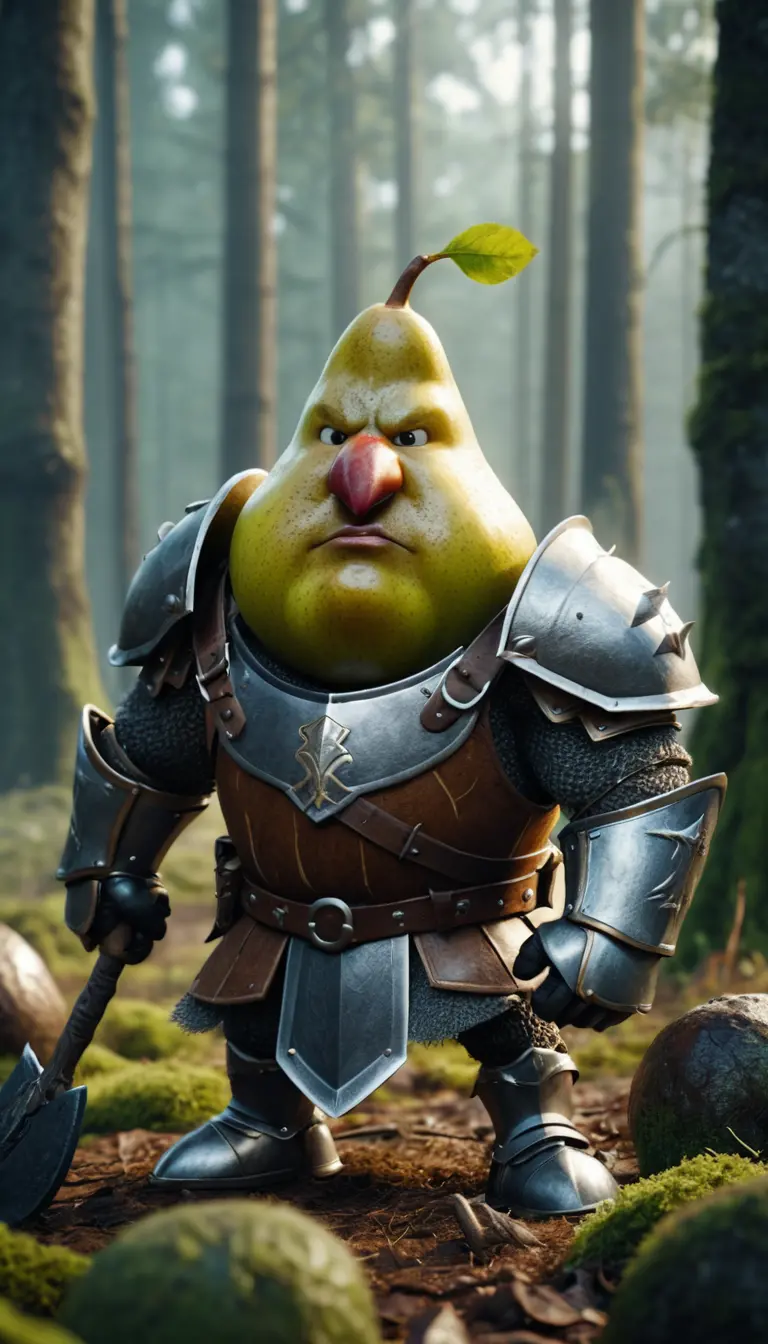 Angry Armored Pear Warrior With Axes On Forest Floor