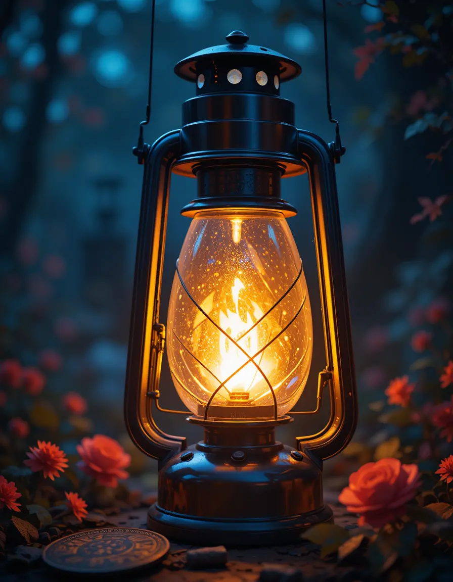 Glowing lantern close up against dreamy dark blue background