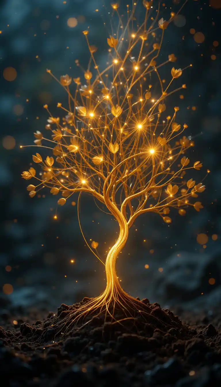Golden seed growing into a glowing connection tree
