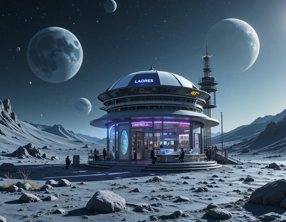 Umbrella boutique on a futuristic lunar station with Earth above