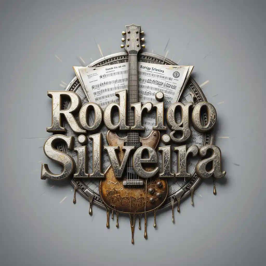 Metallic 3D guitar logo with music and gold text