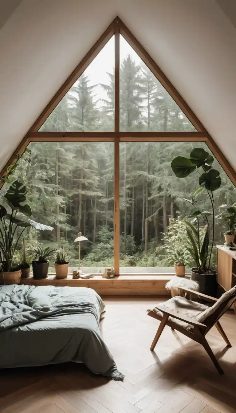 Gemütliches Schlafzimmer mit Dreiecksfenster und Waldblick