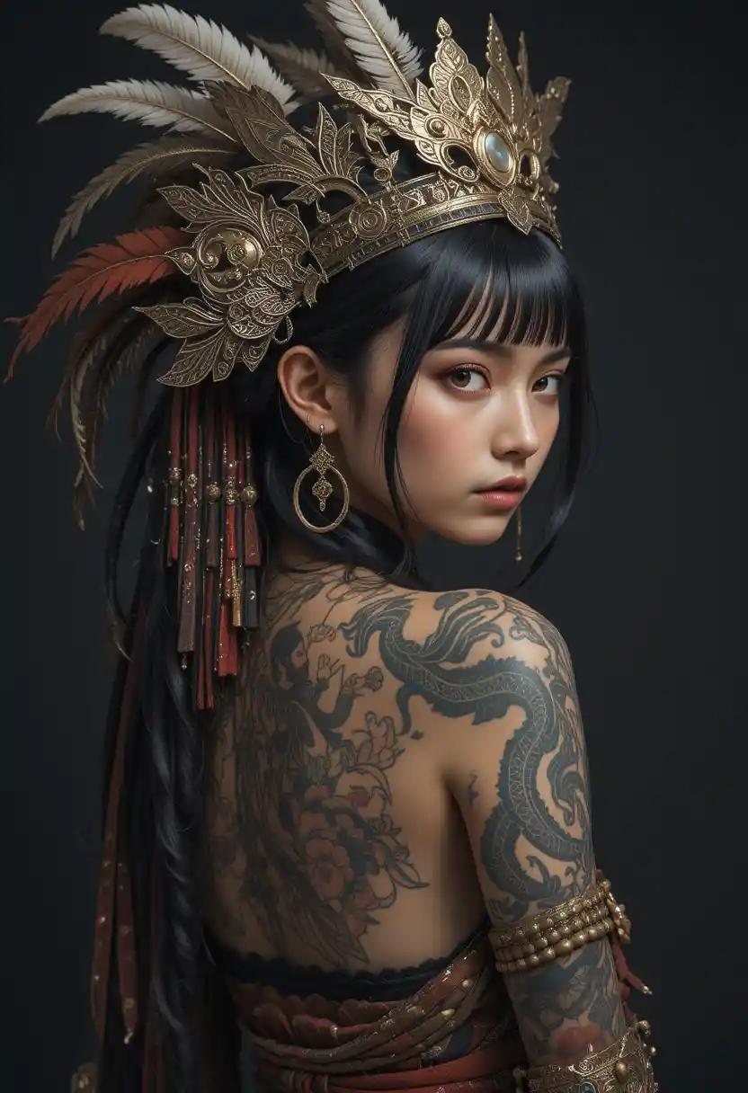 Tattooed shaman woman with feathers and black hair