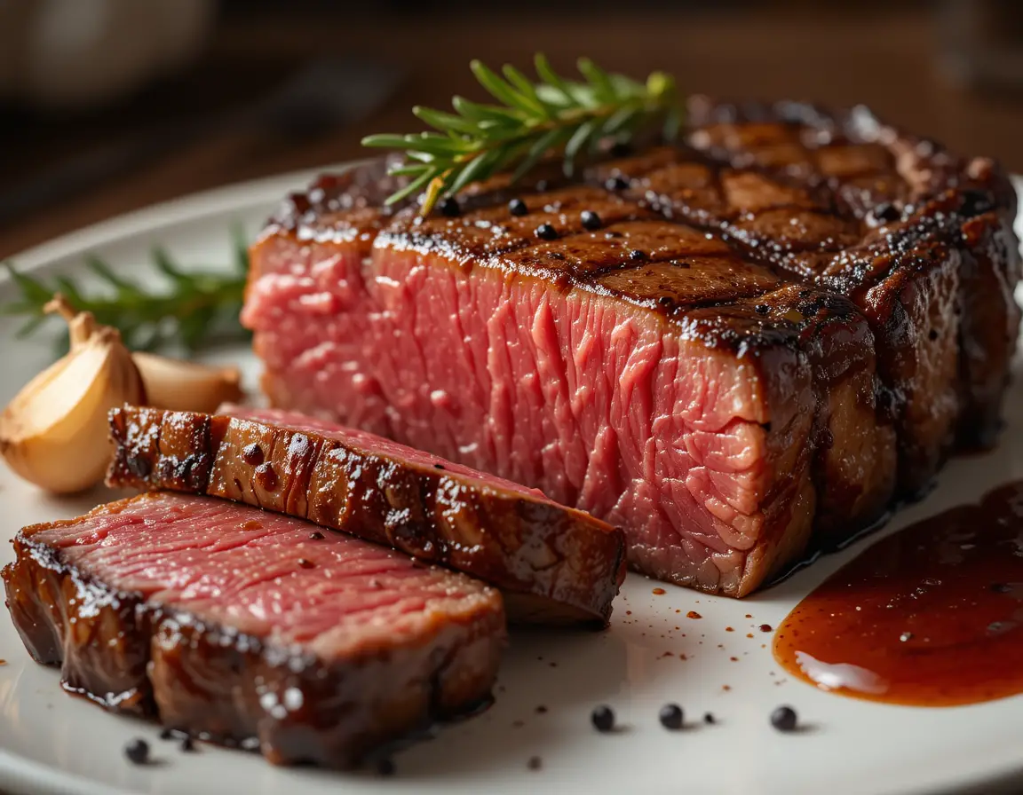 Close up steak on white plate with sauce and herbs