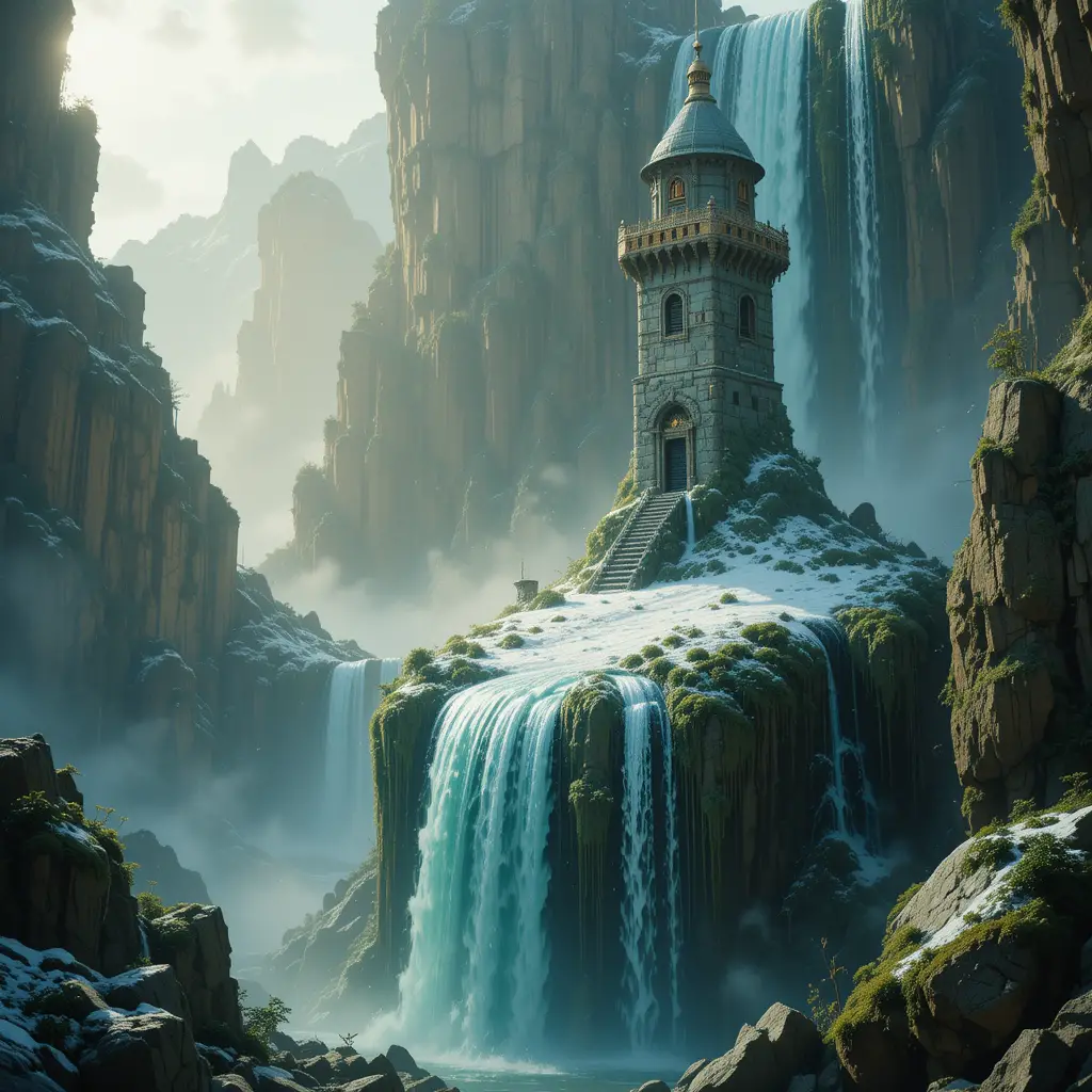 Sunlit emerald waterfall cascading over mossy rocks
