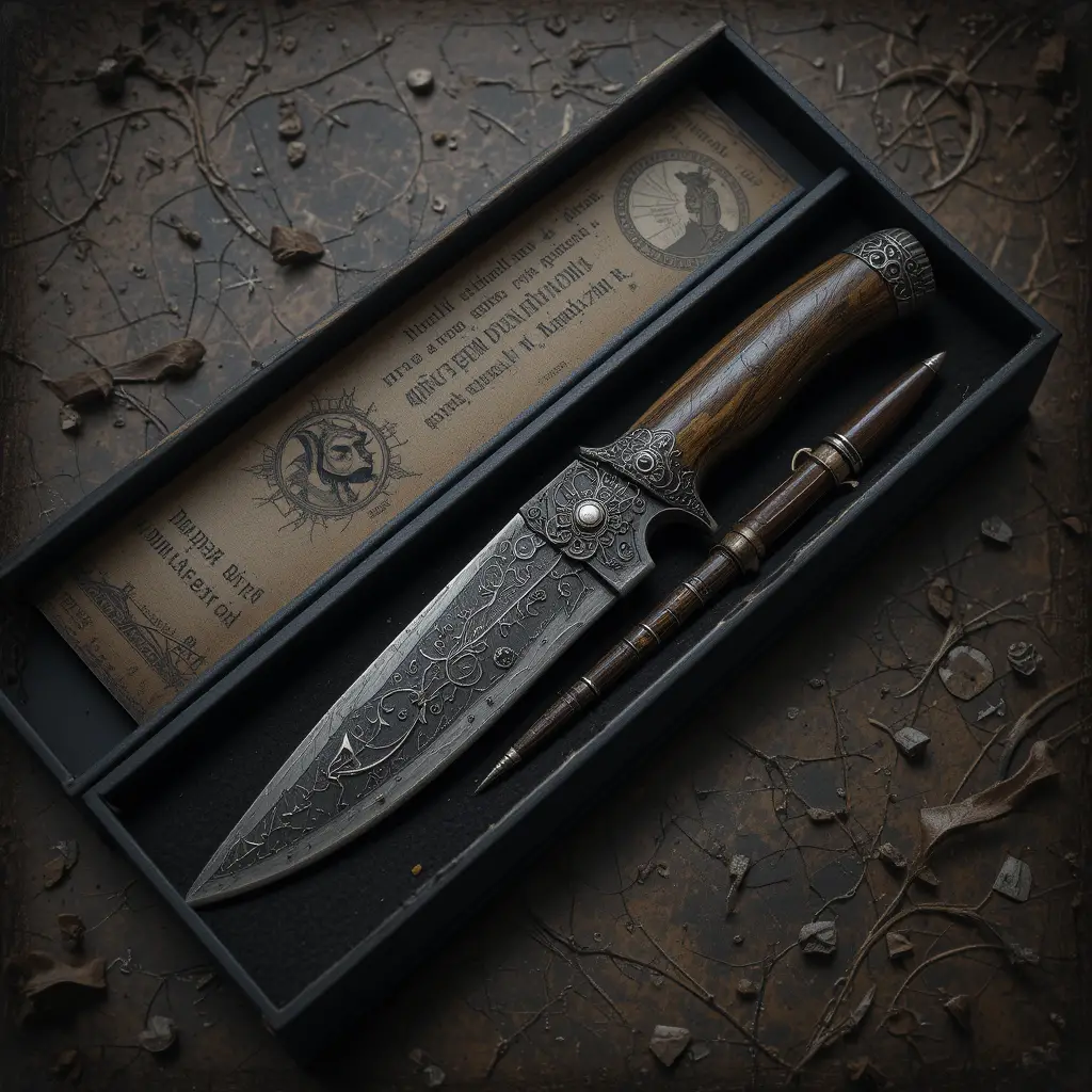 Couteau réaliste dans un coffret sombre et mystérieux de style médiéval