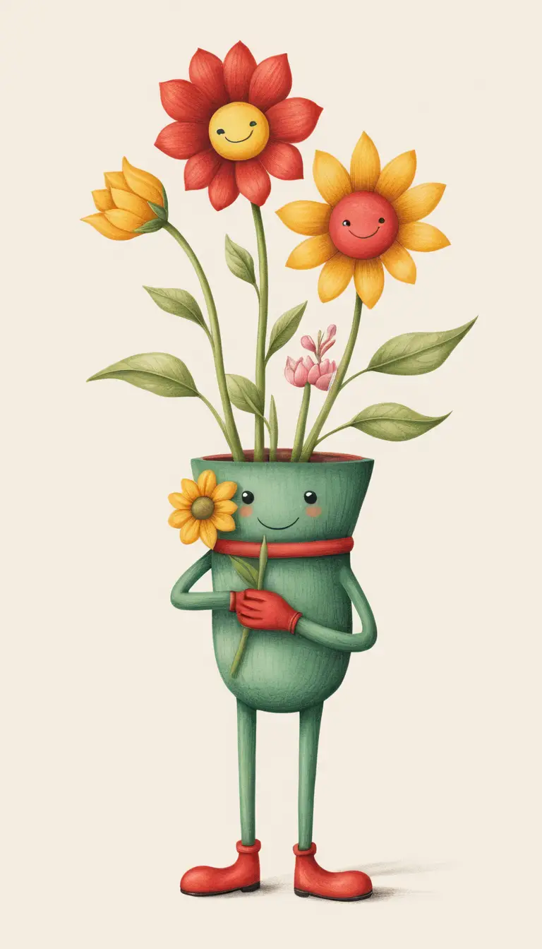 Minimalist smiling flower character holding a red heart