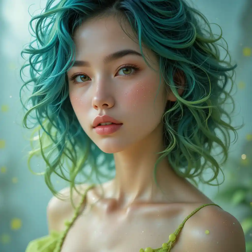 Dreamy fantasy portrait of a young woman with dual colored hair