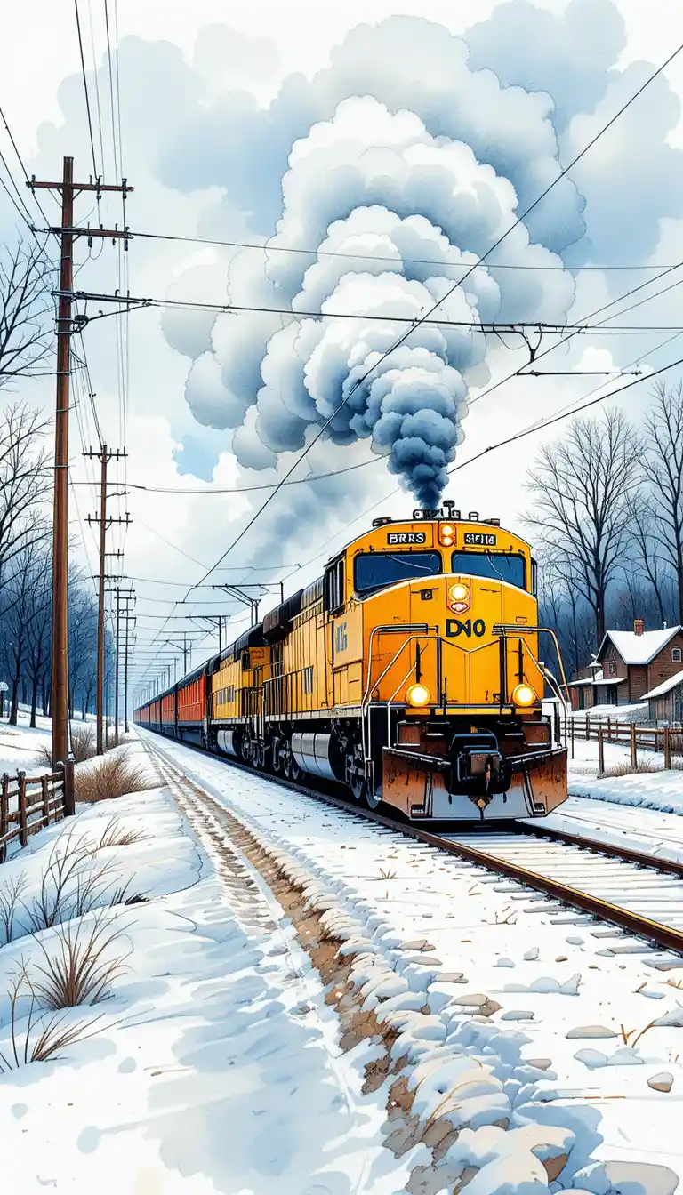 Yellow diesel train in snowy countryside at road crossing