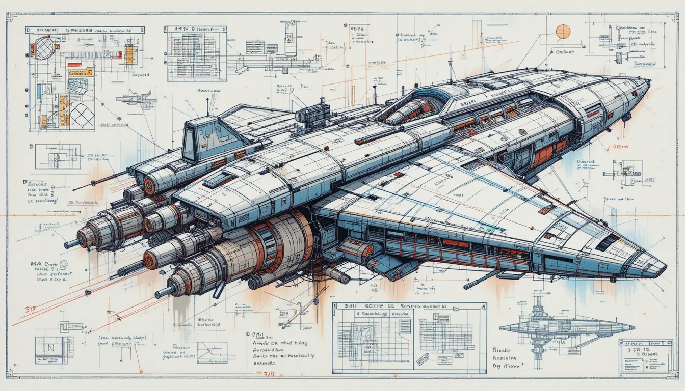 Futuristic spacecraft blueprint with dynamic technical sketches