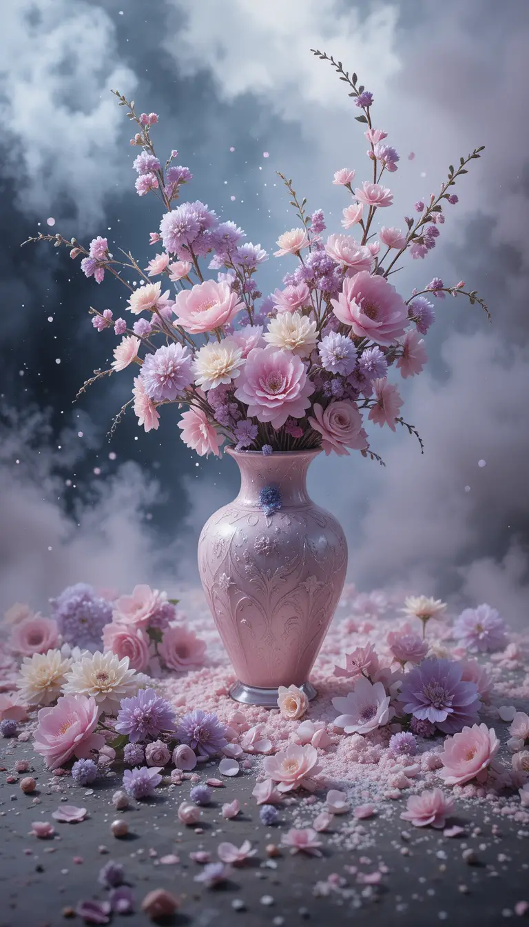 Broken vase with flowers scattered in soft watercolor fog