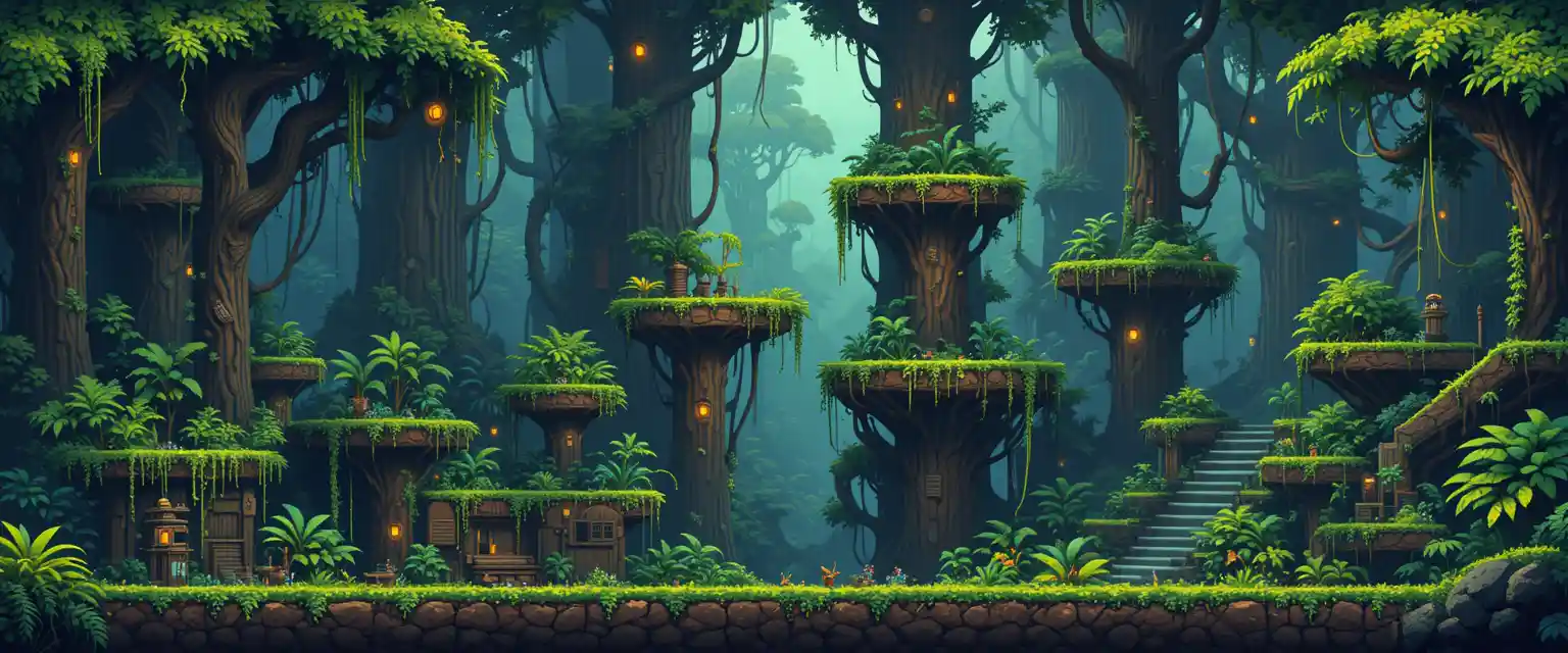 Pixel art spritesheet of jungle tiles for 2D platformer maps