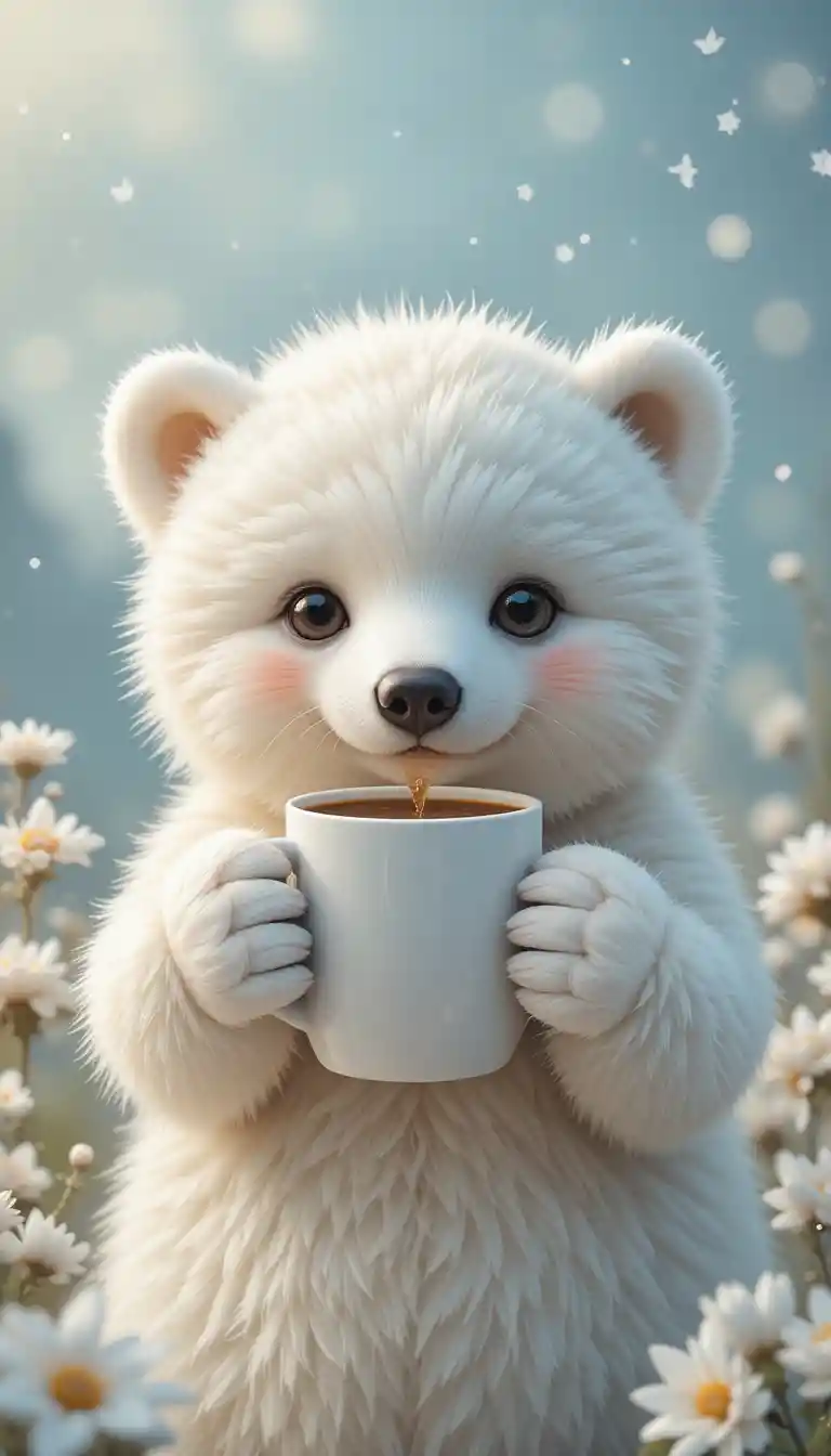 Cute polar bear cub holding a big coffee cup