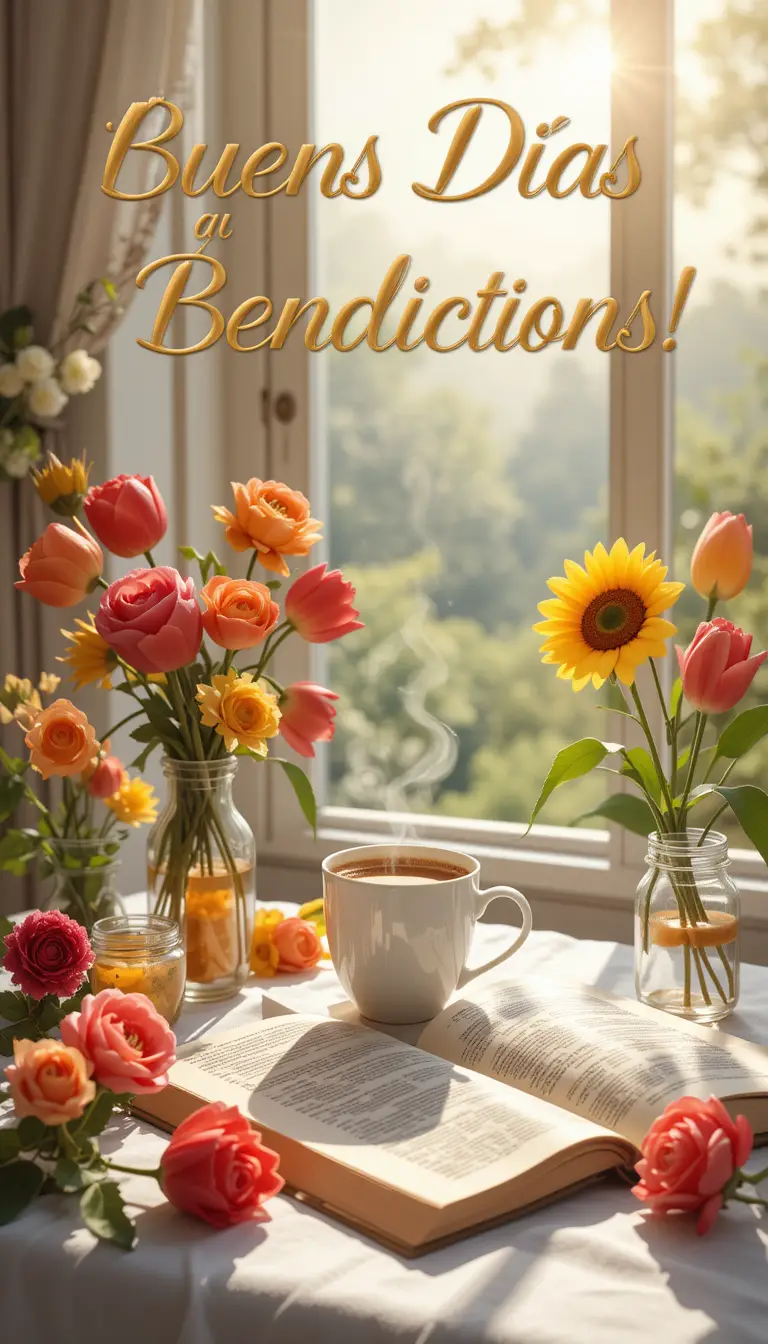 Sunny morning coffee with flowers and open bible