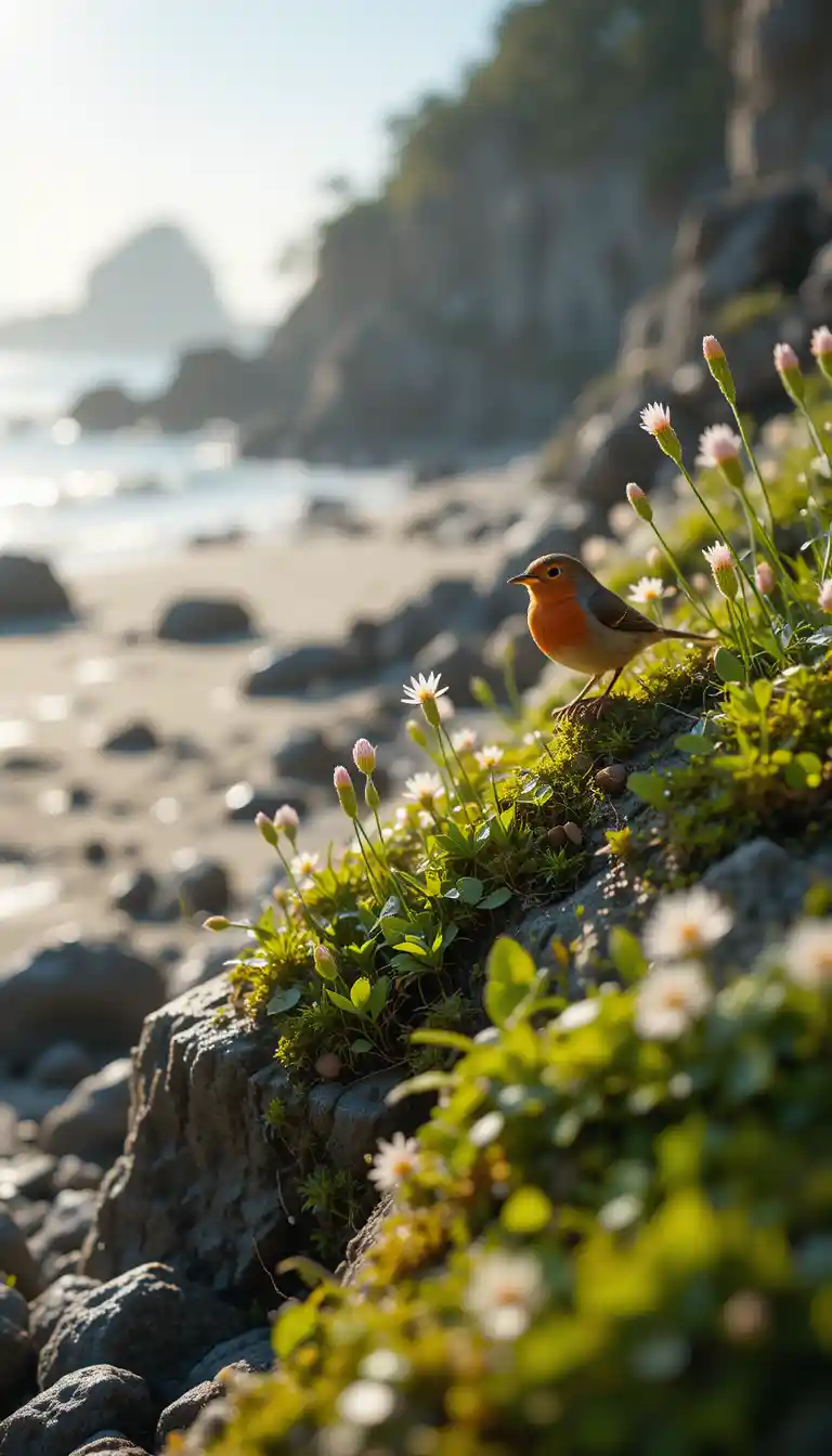 Macro bird on dewy beach rocks in morning light