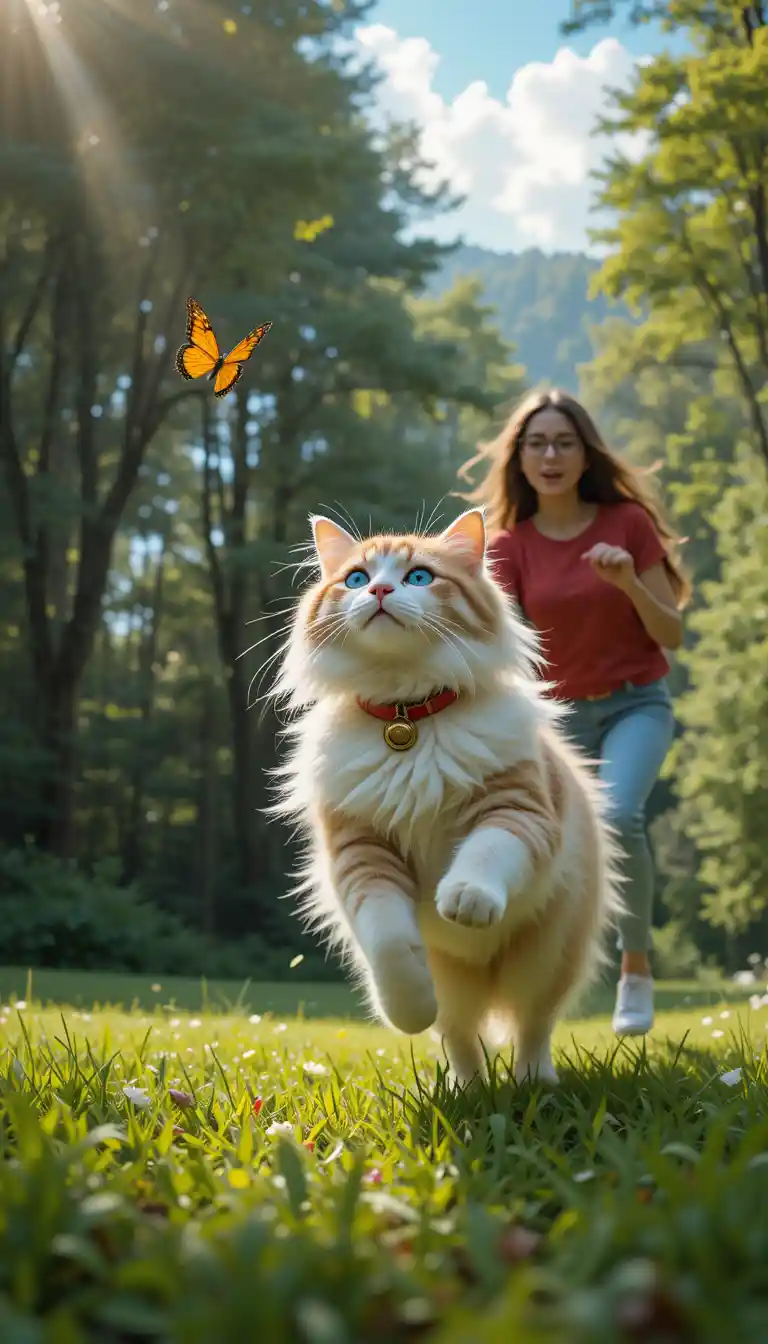 Persian cat chasing butterfly on grass with woman