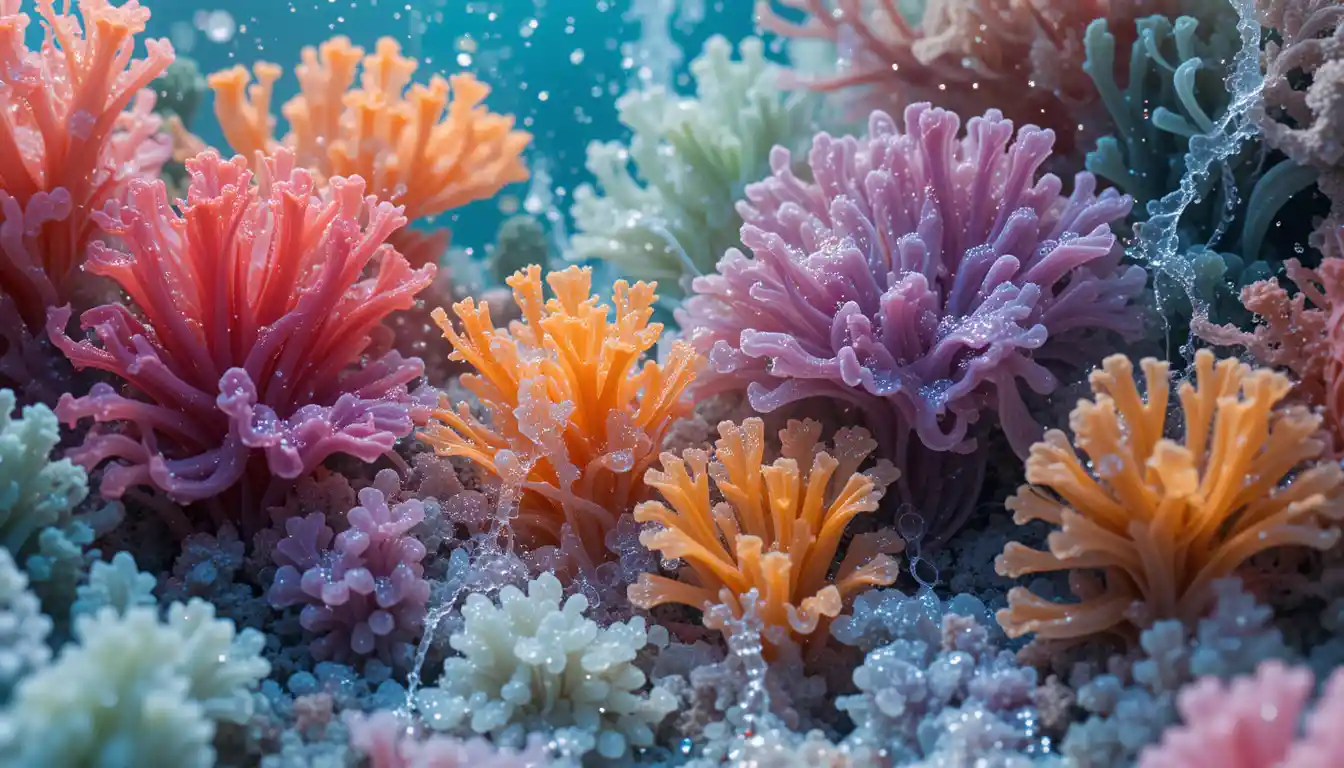 Colorful seaweed life with flowing water on sandy beach