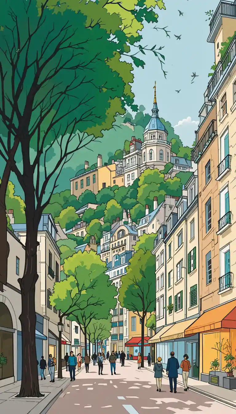 Stylized Montmartre street illustration with pastel Parisian buildings