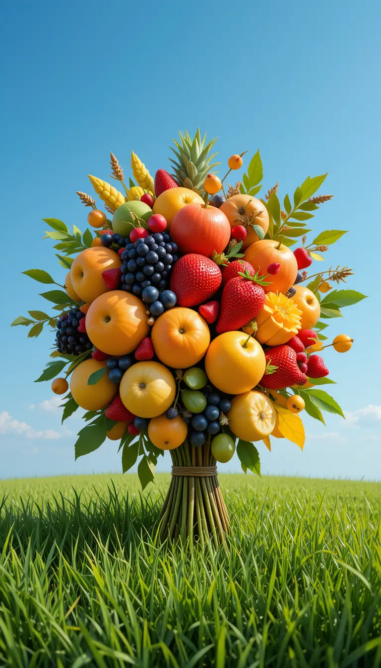 Colorful fruit bouquet resting on green grass under sky